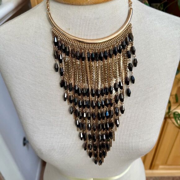 Charming Charlie Gold & Black Fringe Statement Necklace – Early 2010s - Picture 2 of 8